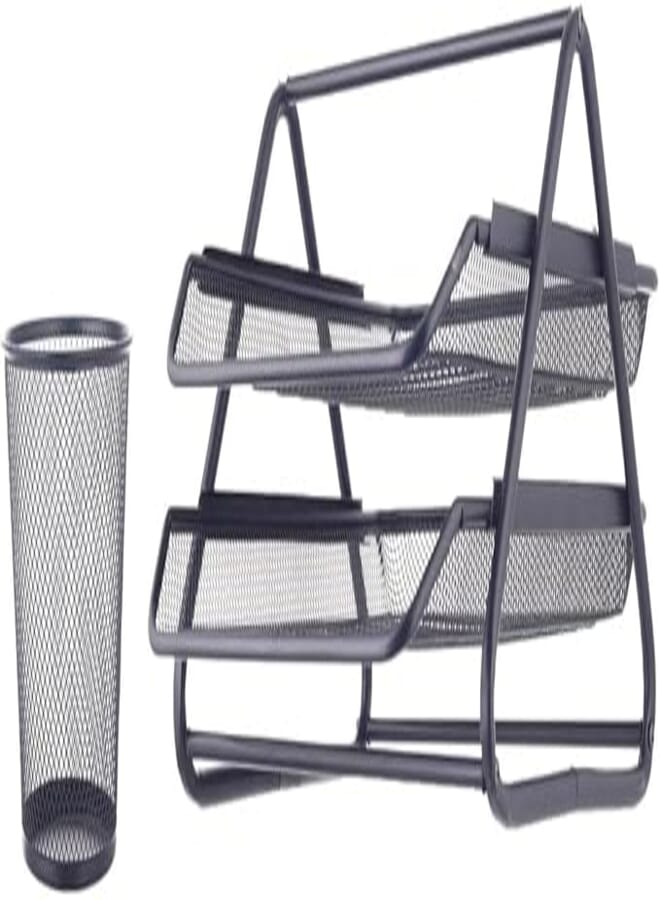3A 2 Tier Metal Desk Organizer with Pen Holder - Black 2002-2